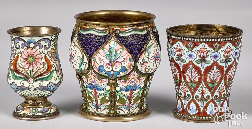 Appraisal: Three Russian silver enamel cups Three Russian silver enamel cups