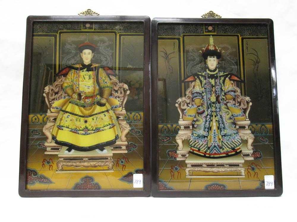 Appraisal: CHINESE EMPEROR AND EMPRESS PAINTINGS ON GLASS images measure x