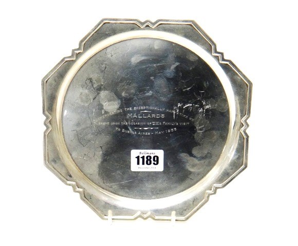 Appraisal: A silver shaped octagonal salver presentation inscribed Sheffield diameter cms