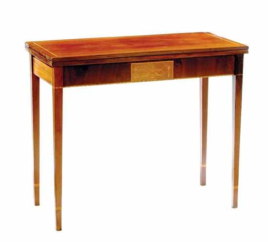 Appraisal: Hepplewhite inlaid mahogany card table circa rectangular hinged top opening