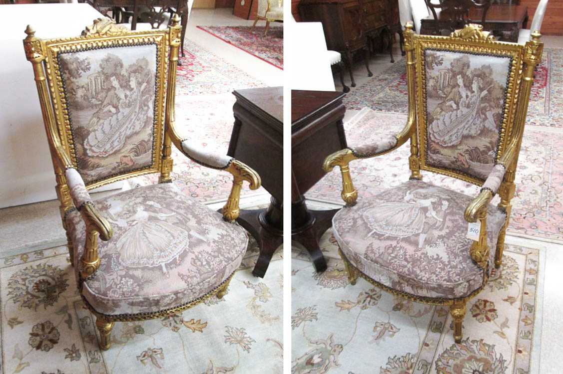 Appraisal: PAIR OF LOUIS XVI STYLE GILTWOOD ARMCHAIRS Continental early th