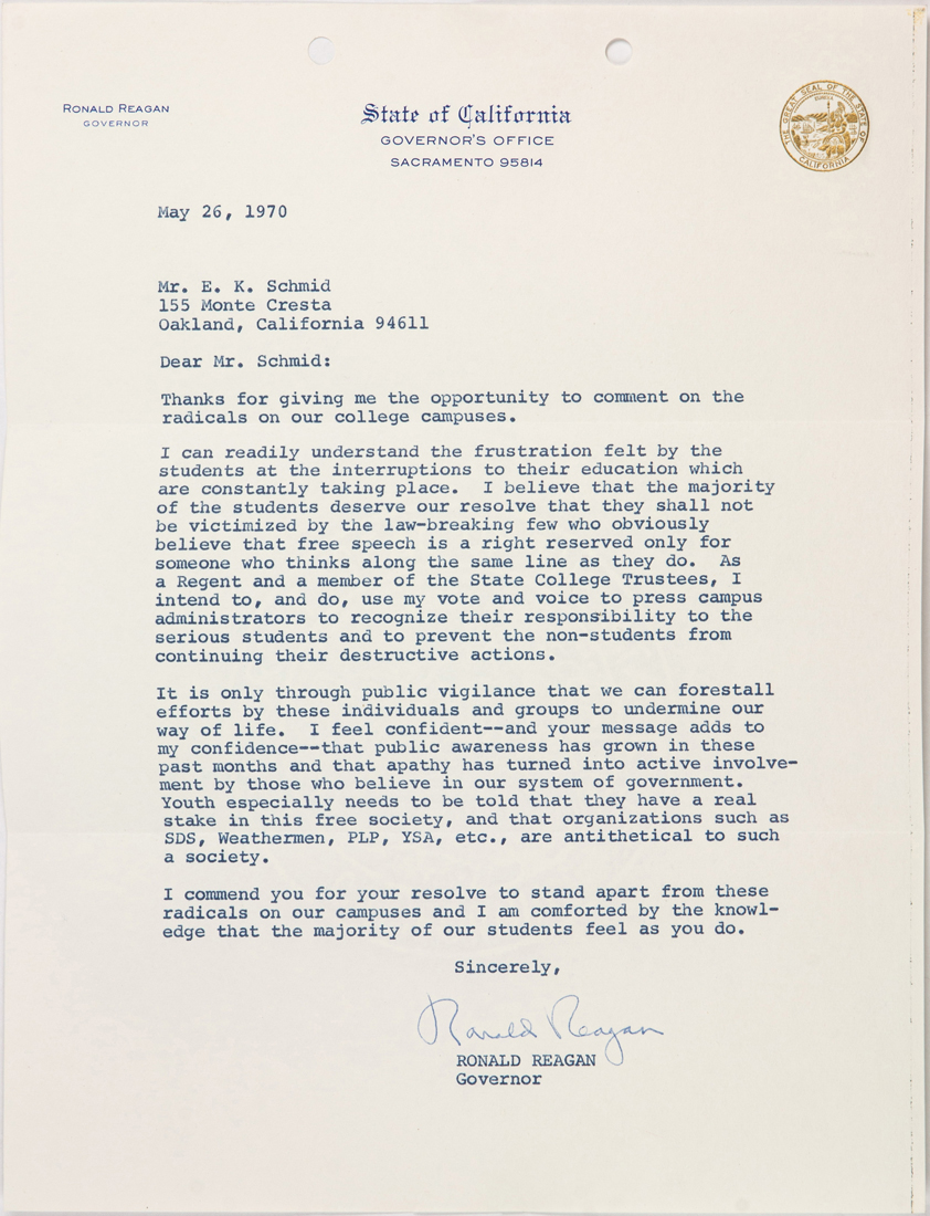 Appraisal: SIGNED GOVERNOR RONALD REAGAN LETTER TO CONCERNED UC STUDENT EK