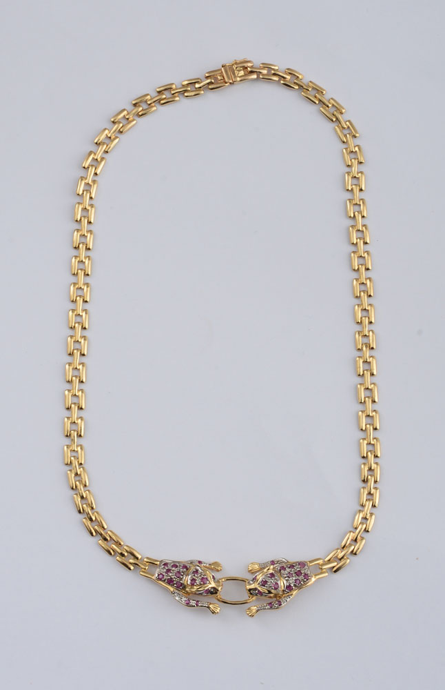 Appraisal: K GOLD AND RUBY PANTHER NECKLACE Open link chain with