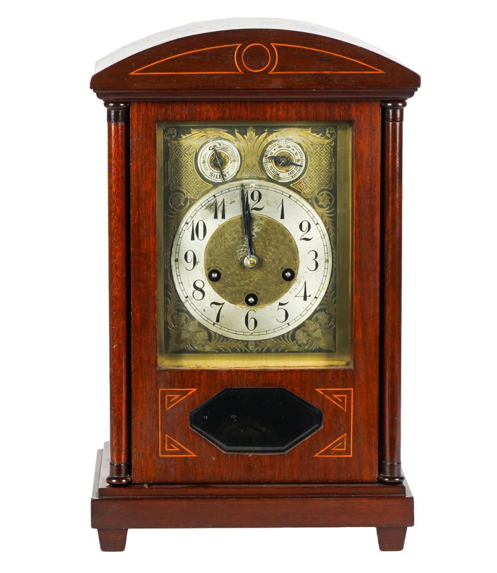 Appraisal: EXCELSIOR GERMAN WESTMINSTER CHIME CLOCKmahogany inlaid mantel clock with arch