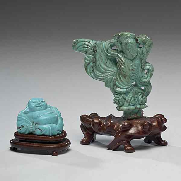 Appraisal: Chinese Turquoise Figural Carvings Chinese th century Includes a Guanyin