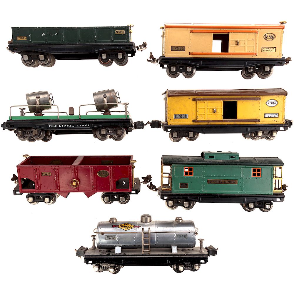 Appraisal: Seven Lionel O Gauge Freight Cars Gondola car Two box