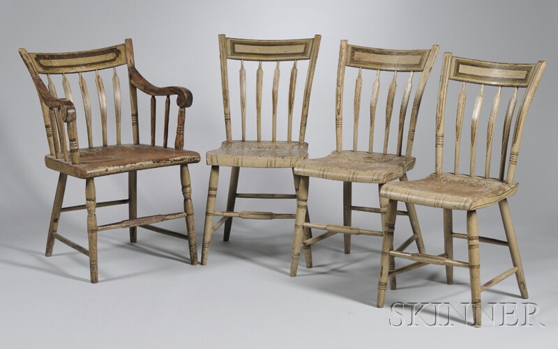 Appraisal: Set of Four Windsor Paint-decorated Thumb-back Arrow-back Chairs three side