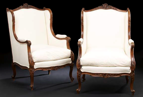 Appraisal: Pair of Louis XV-Style Fruitwood Bergeres avec Orielles third quarter