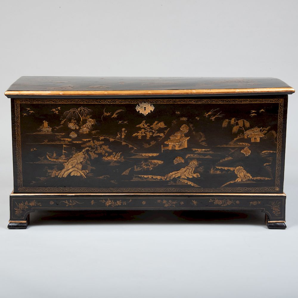 Appraisal: Chinese Export Black Lacquer and Parcel-Gilt Chest on Stand The