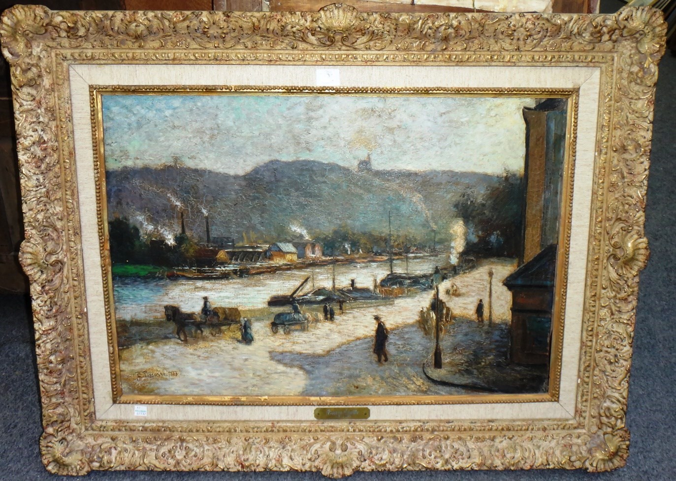 Appraisal: Studio of Miguel Canals after Pisarro Industrial river scene oil