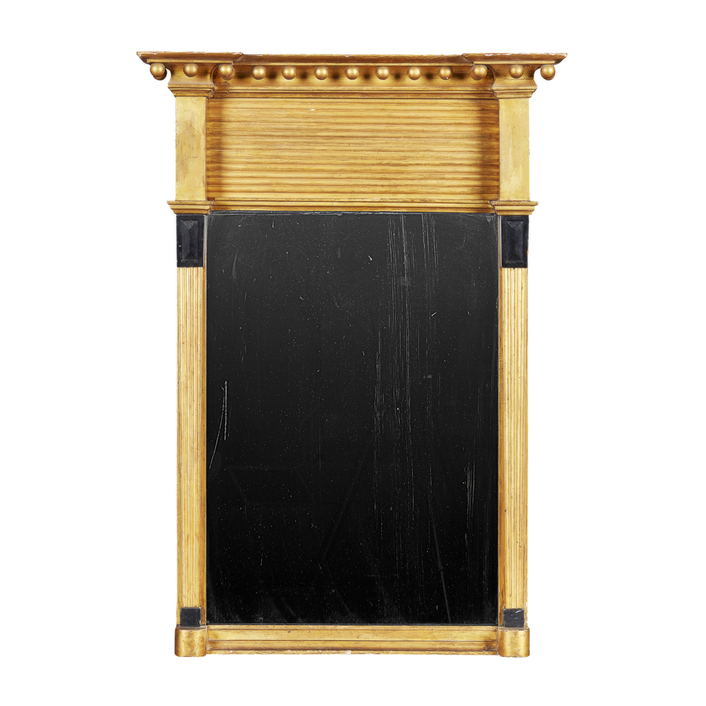 Appraisal: REGENCY GILTWOOD AND EBONISED MIRROR EARLY TH CENTURY the inverted