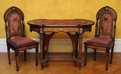 Appraisal: FRENCH MOORISH-STYLE MOTHER-OF-PEARL INLAID ROSEWOOD AND MARQUETRY LIBRARY TABLE AND