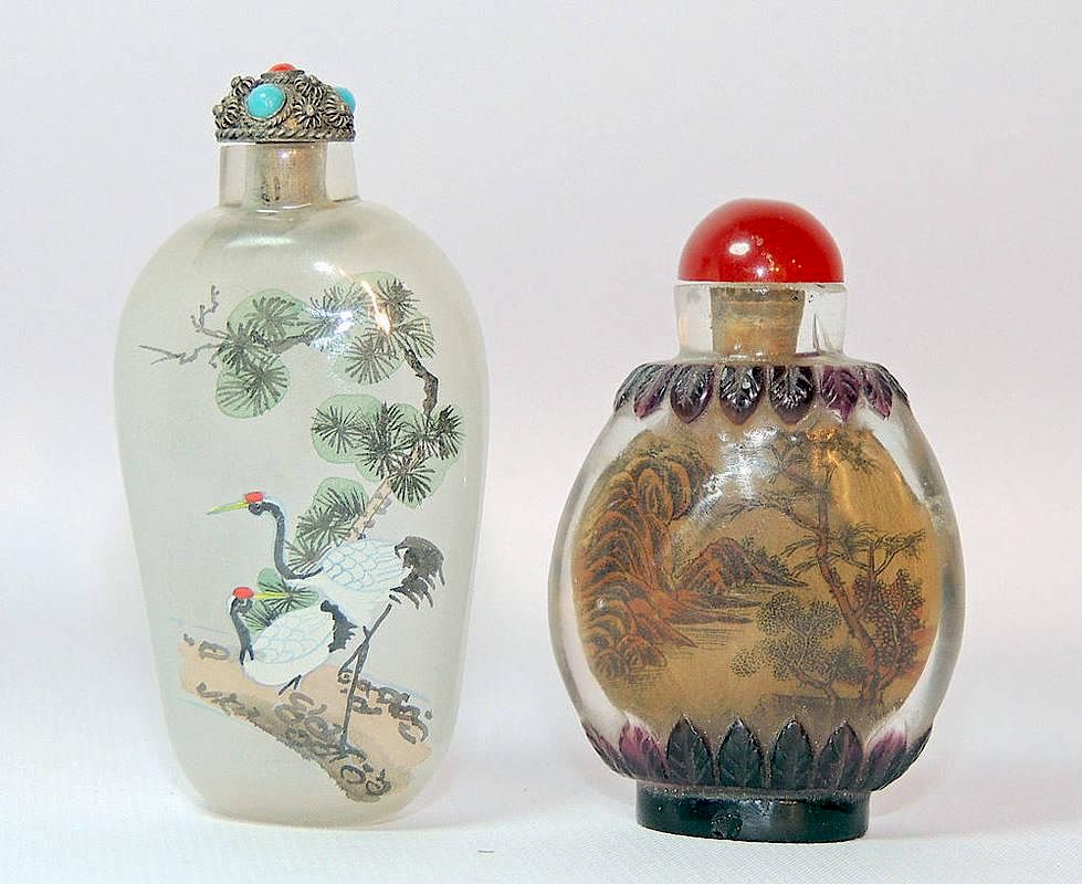 Appraisal: Two Interior-Painted Glass Snuff Bottles Two interior-painted glass snuff bottles