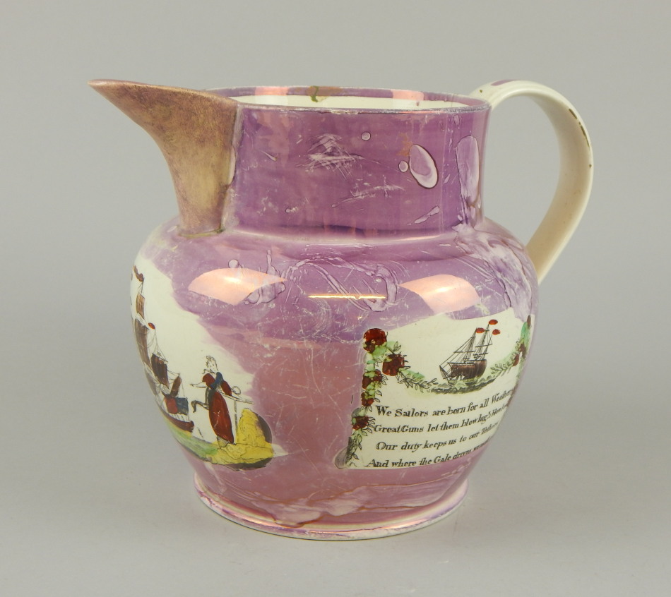 Appraisal: A thC Sunderland pink lustre jug with moulded spout and