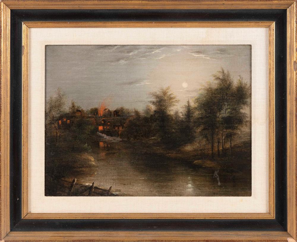 Appraisal: AMERICAN SCHOOL TH CENTURY NIGHTTIME VILLAGE SCENE OIL ON CANVAS