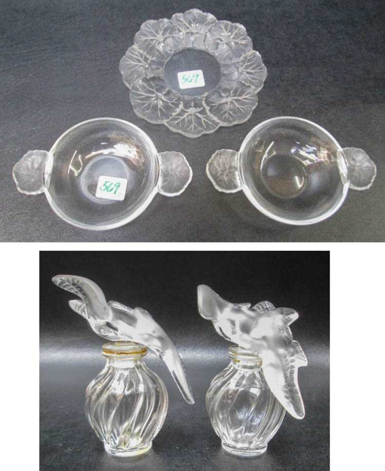 Appraisal: FIVE SIGNED LALIQUE CRYSTAL ITEMS pair of L'airDu Temps perfume