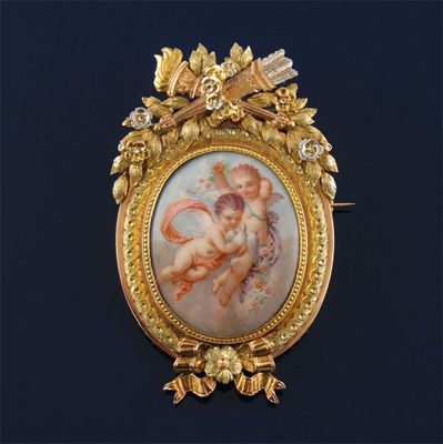 Appraisal: A th century painted miniature brooch depicting two cherubs and