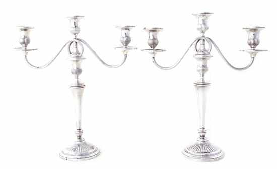 Appraisal: Pair American sterling three-light candelabra reed sockets supported by scrolling