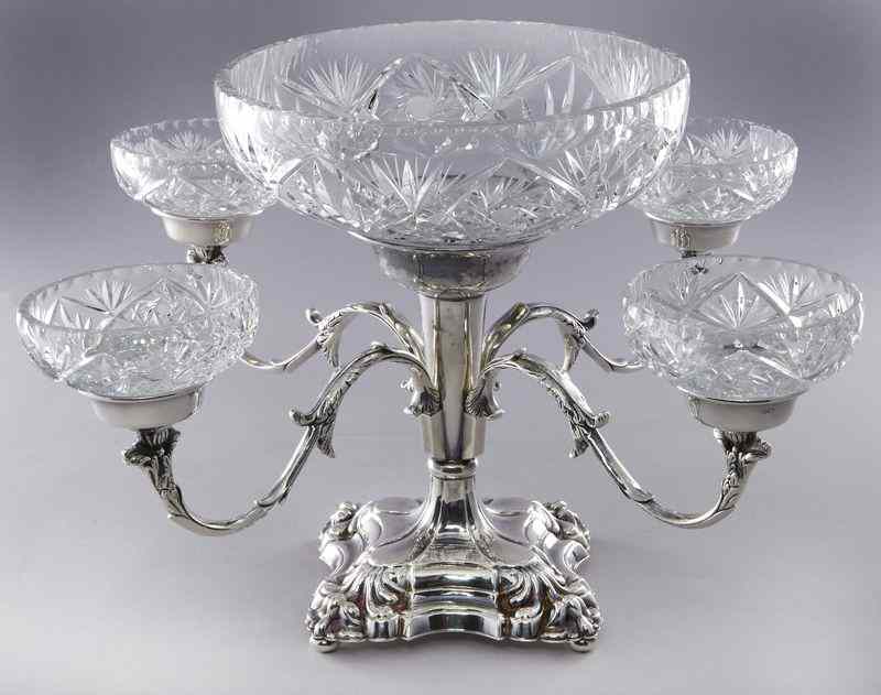 Appraisal: English Sheffield silver plated epergnewith brilliant cut glass inserts the