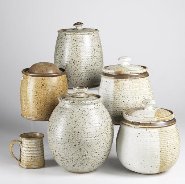 Appraisal: RICHARD LANG Six pieces of stoneware five covered jars and