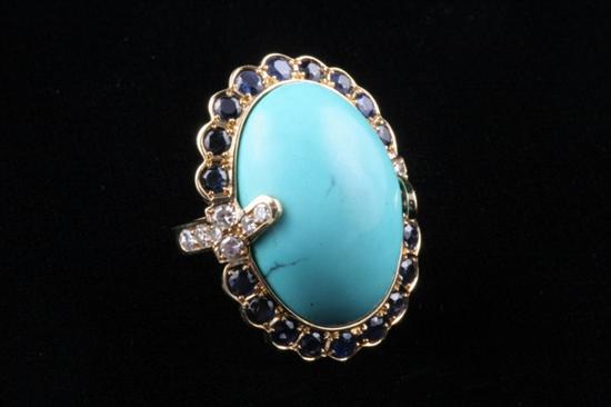 Appraisal: K YELLOW GOLD SAPPHIRE DIAMOND AND TURQUOISE RING Oval turquoise