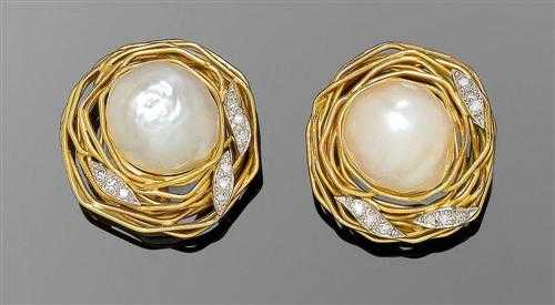 Appraisal: PEARL GOLD AND DIAMOND CLIP EARRINGS GRIMA London Yellow gold