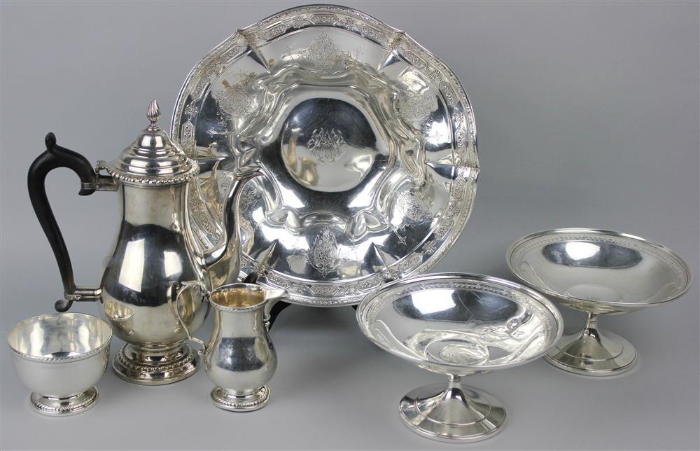 Appraisal: ELMORE SILVER CO THREE-PIECE TEA SET AND THREE AMERICAN SILVER