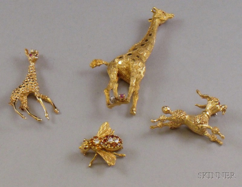 Appraisal: Three Gold Animal Brooches and an kt Gold and Gem-set