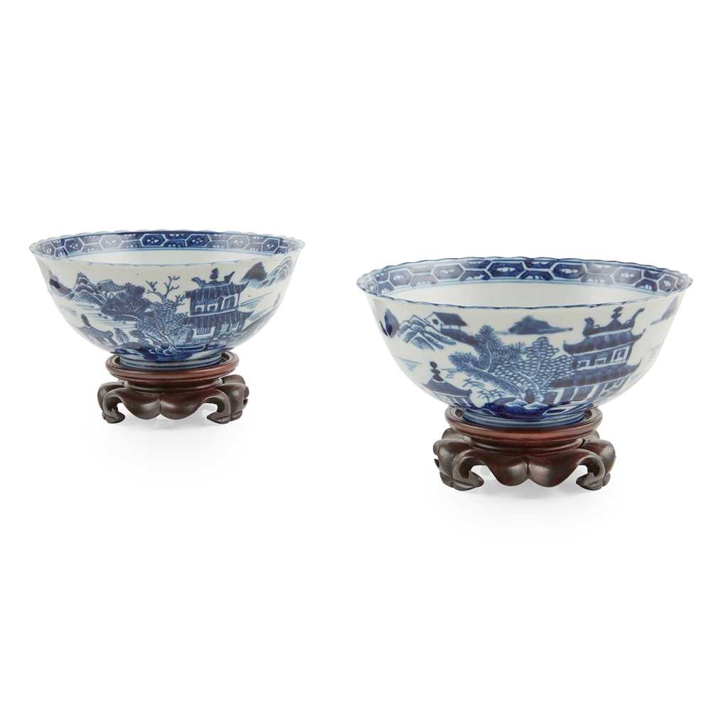 Appraisal: TWO BLUE AND WHITE 'PAVILLION AND LANDSCAPE' BOWLS QING DYNASTY