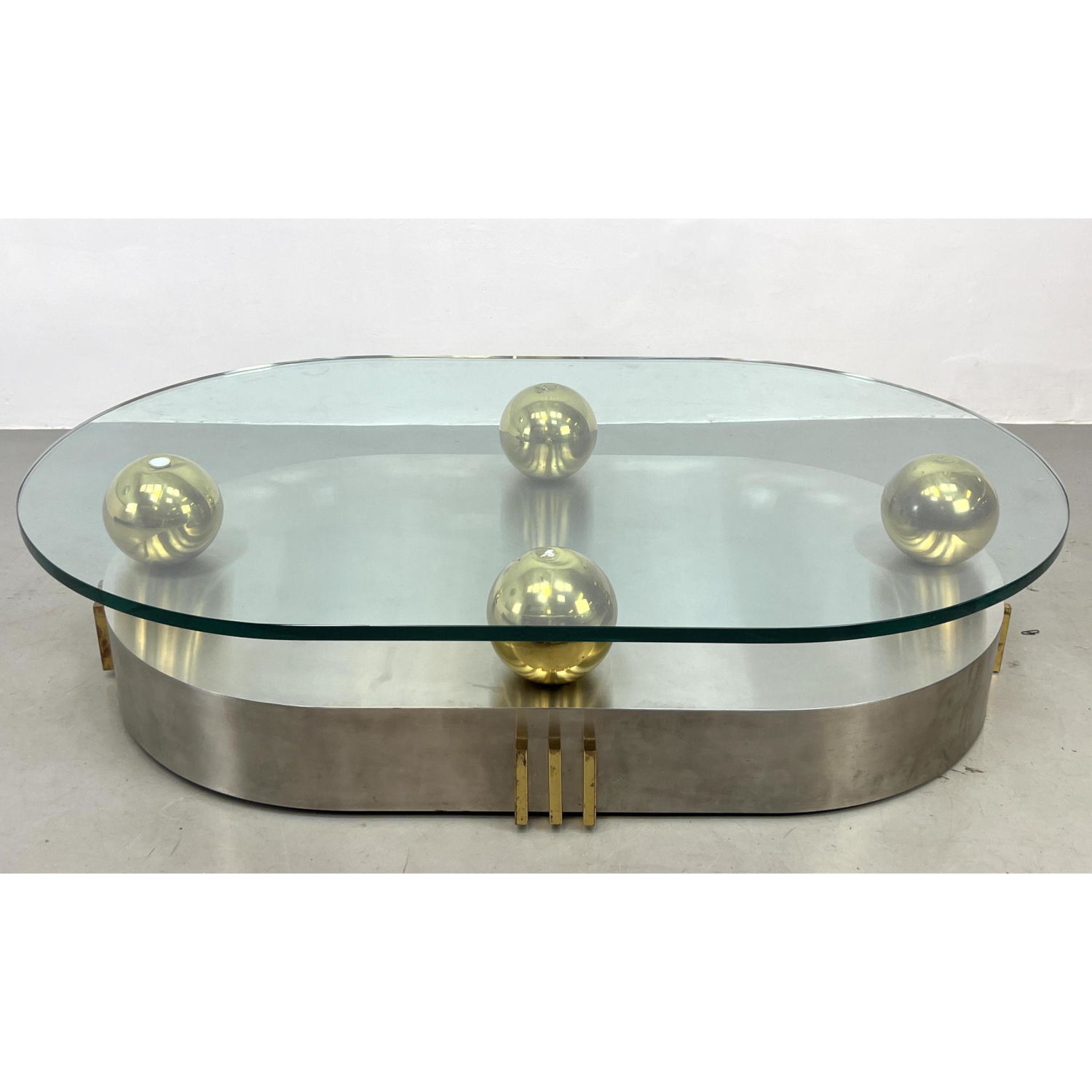 Appraisal: Designer Stainless and Brass Cocktail Coffee Table Oversized Table with