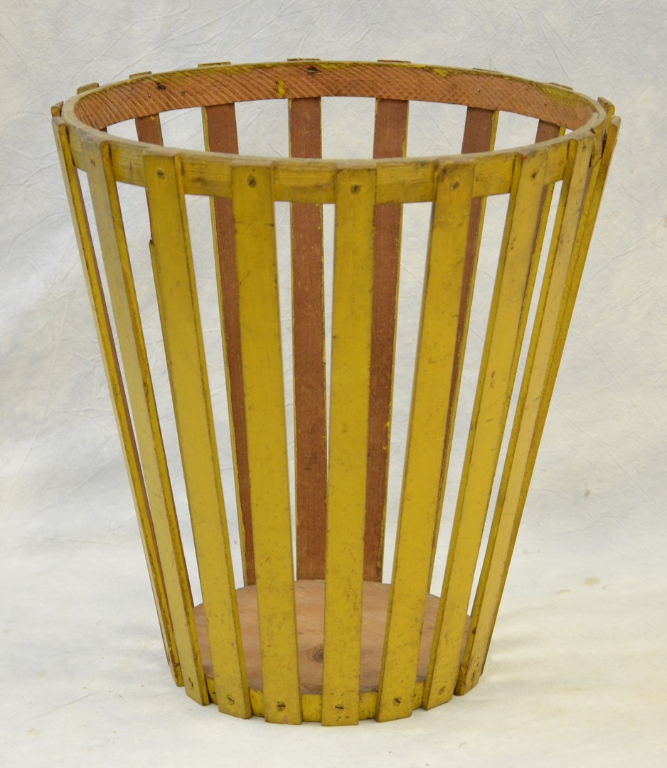 Appraisal: Oak slatted basket chrome yellow paint c - wooden bottom