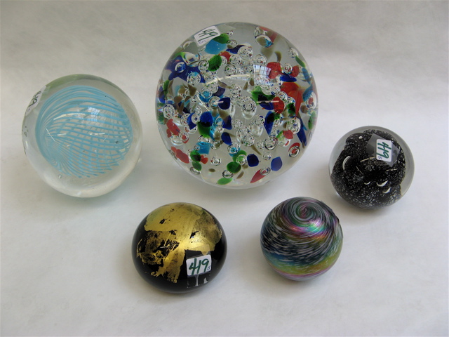 Appraisal: COLLECTION OF FIVE ART GLASS PAPERWEIGHTS globe forms includes one