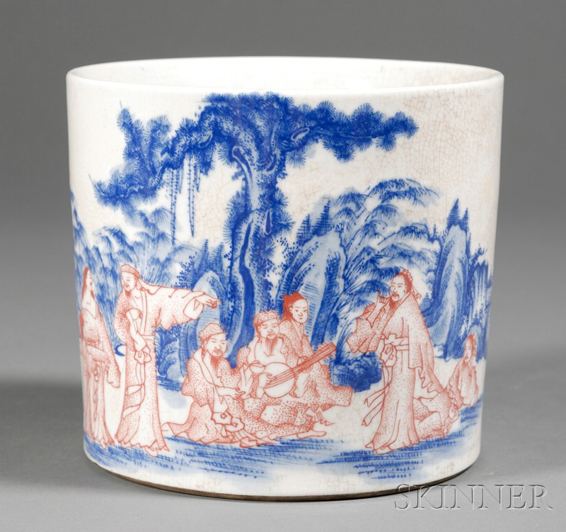 Appraisal: Porcelain Brush Pot China th century underglaze blue and red