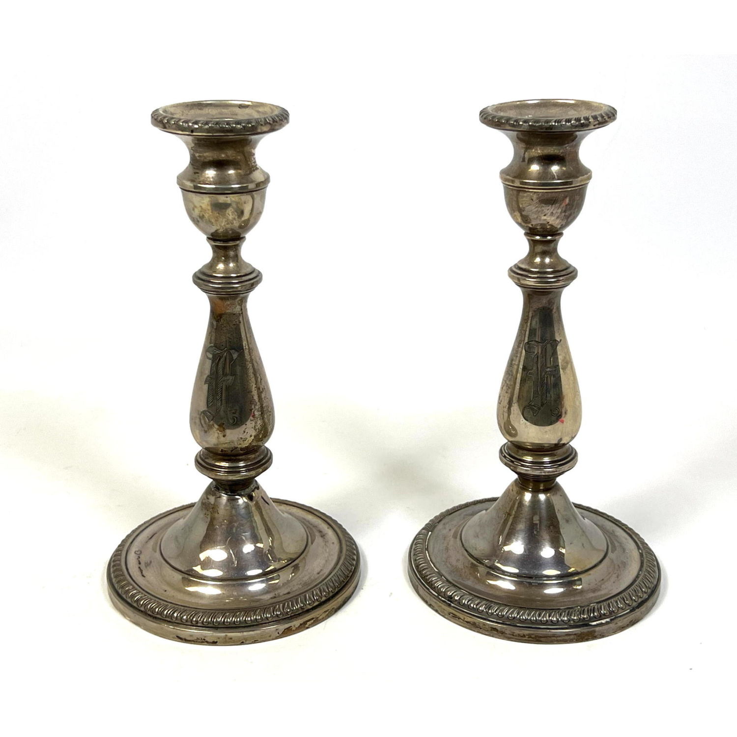 Appraisal: Pr KMK Sterling Silver Weighted Candlesticks Monogrammed Dimensions H inches