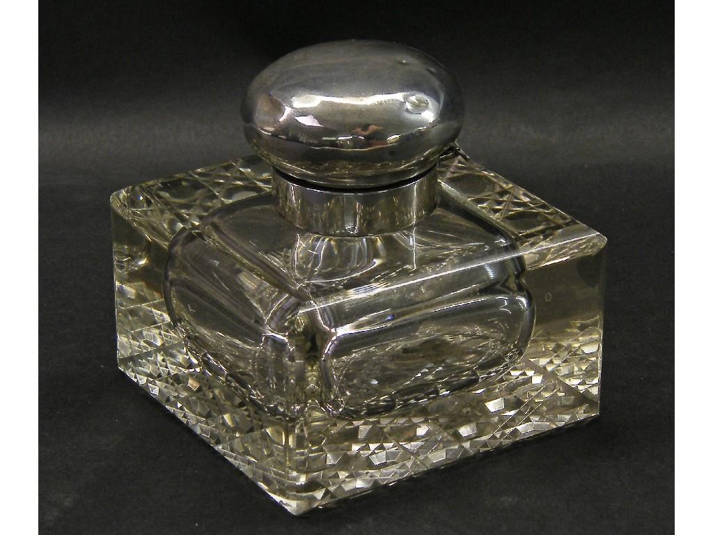 Appraisal: Edwardian cut glass silver topped inkwell the ovoid hinged lid