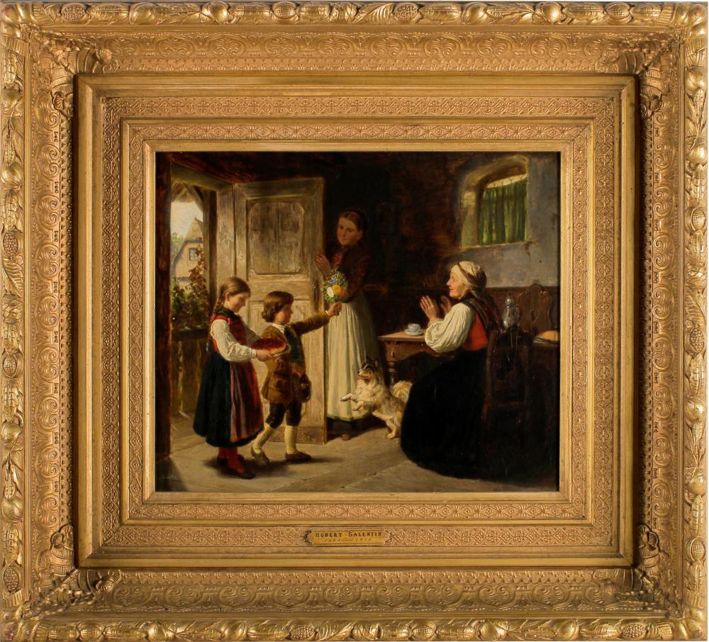 Appraisal: HUBERT SALENTIN - INTERIOR WITH FIGURES DOGoil on canvas signed