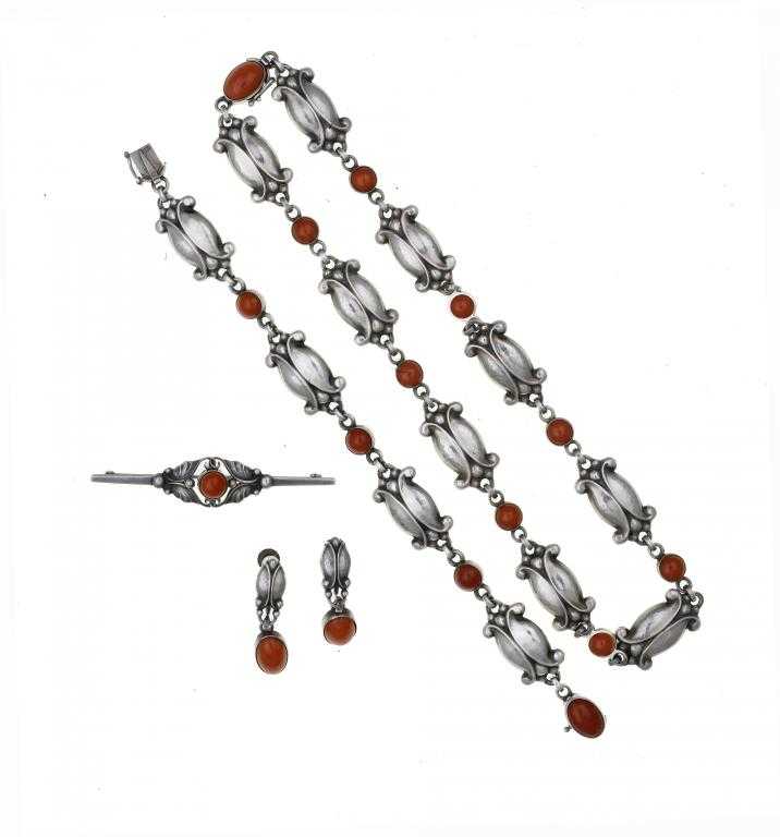 Appraisal: A GEORG JENSEN SILVER AND CORAL NECKLACE BRACELET PAIR OF