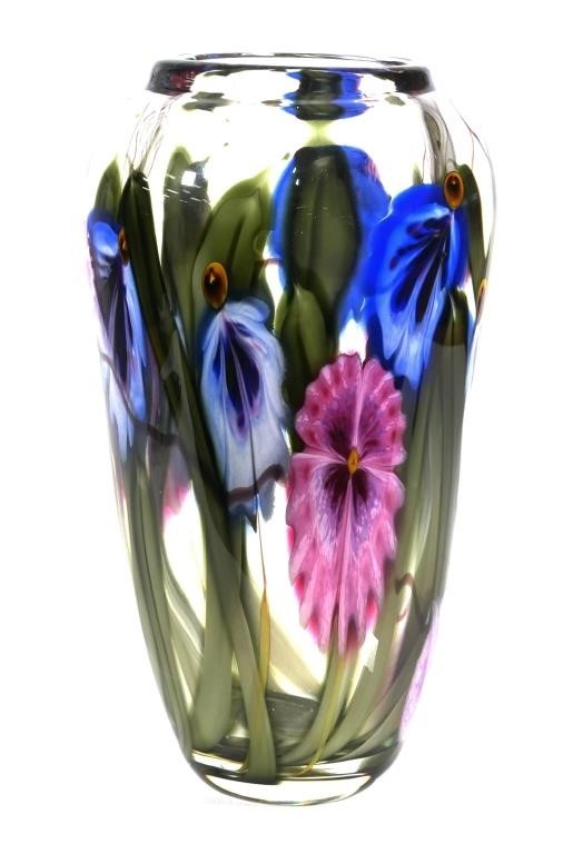 Appraisal: Stuart Ableman Floral Art Glass Vase Vase is marked Abelman