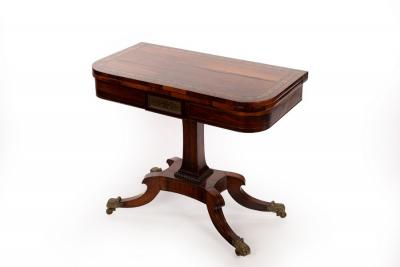 Appraisal: A Regency rosewood and brass inlaid tea table the fold-over