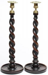 Appraisal: Pair Antique English Oak Barley Twist Candlesticks Hand-carved H X