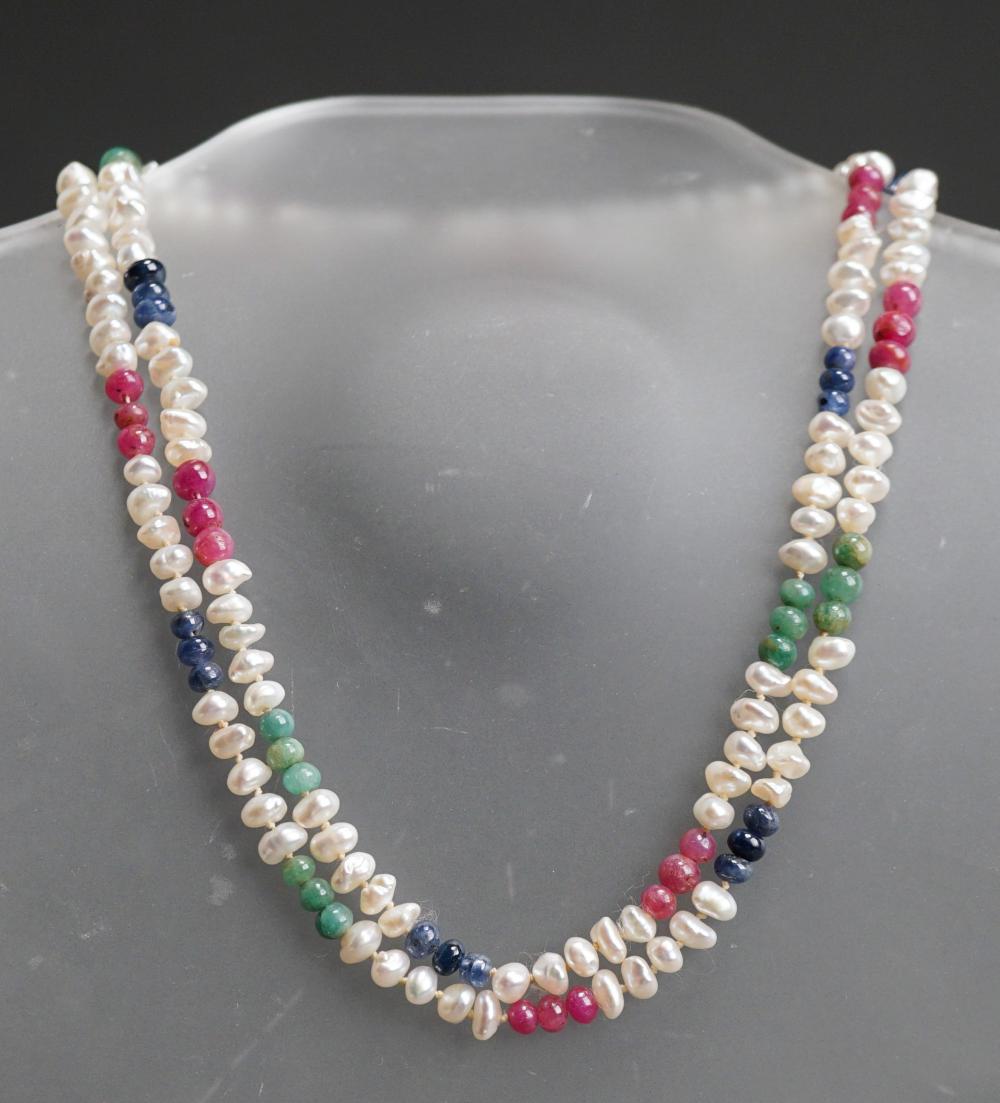 Appraisal: Freshwater Pearl Emerald Ruby and Blue Sapphire Necklace L in