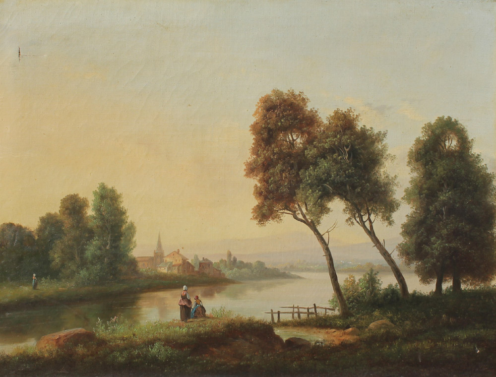 Appraisal: TH CENTURY PEACEFUL RIVER LANDSCAPE PAINTING WITH VILLAGE Oil Canvas