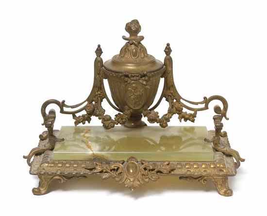 Appraisal: A Continental Cast Metal and Onyx Inkstand the lidded reservoir