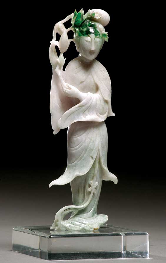 Appraisal: ANTIQUE LAVENDER JADEITE BEAUTY Antique Chinese carved lavender jadeite figure