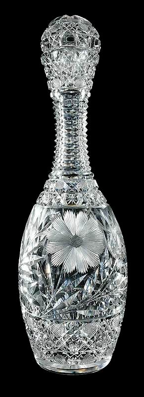 Appraisal: Cut Glass Bowling Pin Decanter Harvard pattern with engraved daisies