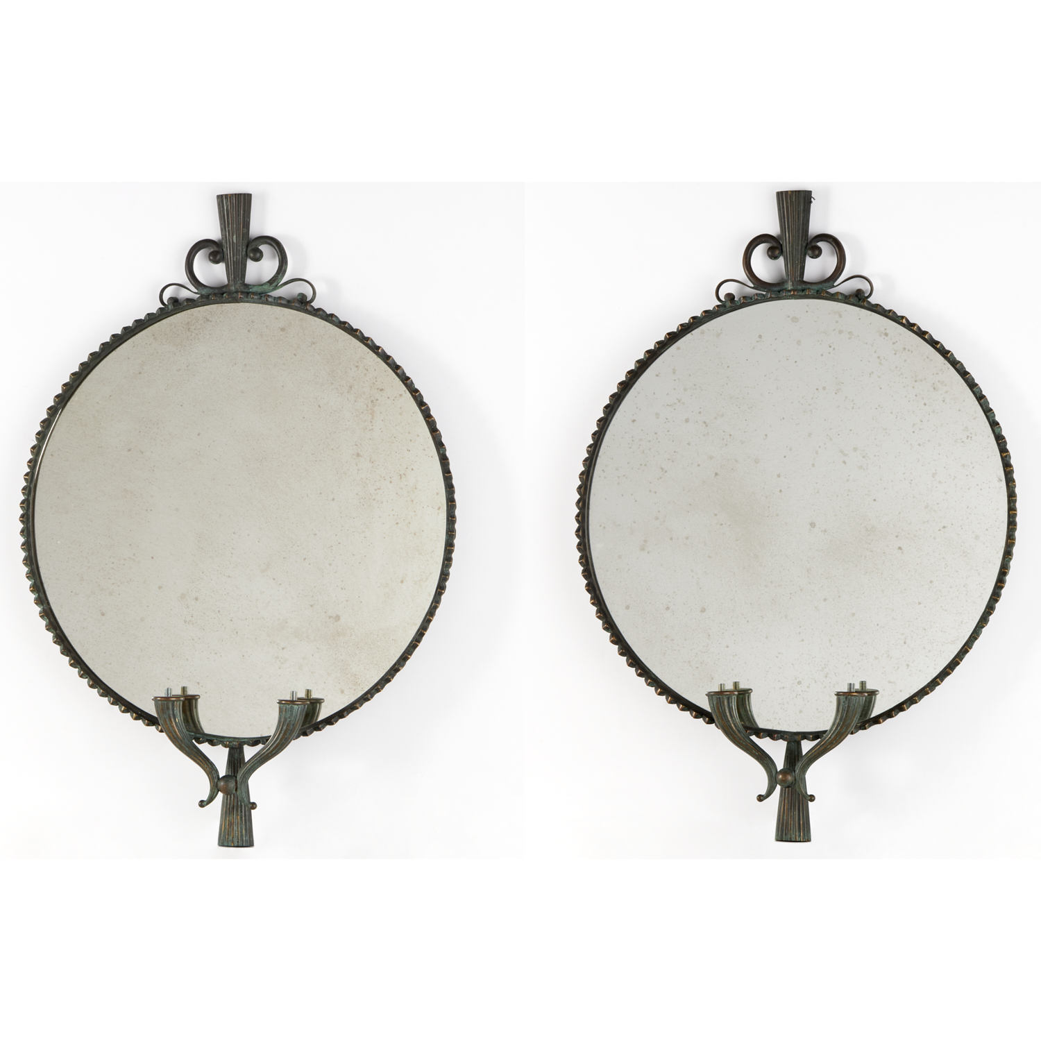 Appraisal: PAIR SWEDISH GRACE STYLE BRONZE MIRRORS th c round mirrored