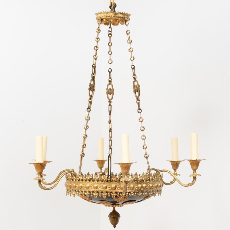 Appraisal: German Pressed Brass and T le Six-Light Chandelier Fitted with