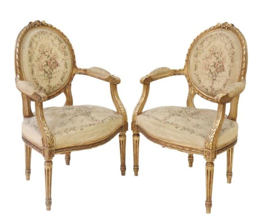 Appraisal: pair Louis XVI style giltwood armchairs late th early th