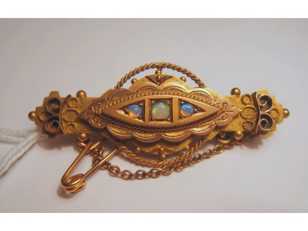 Appraisal: Victorian ct gold three stone opal set remembrance bar brooch