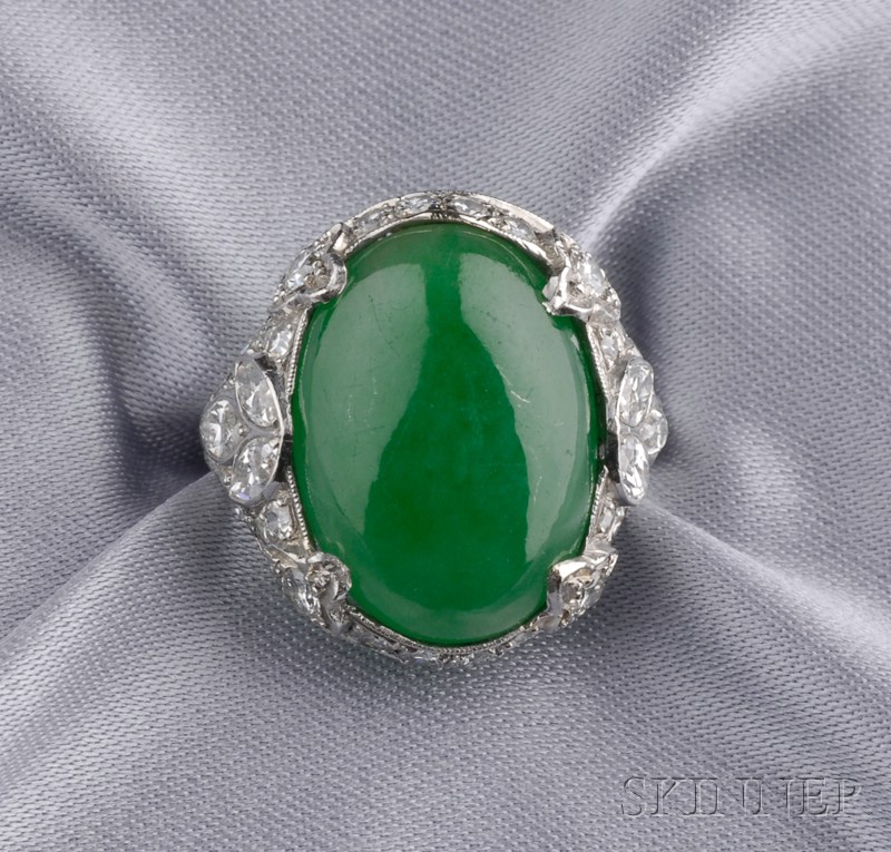 Appraisal: Art Deco Platinum Jadeite and Diamond Ring set with a